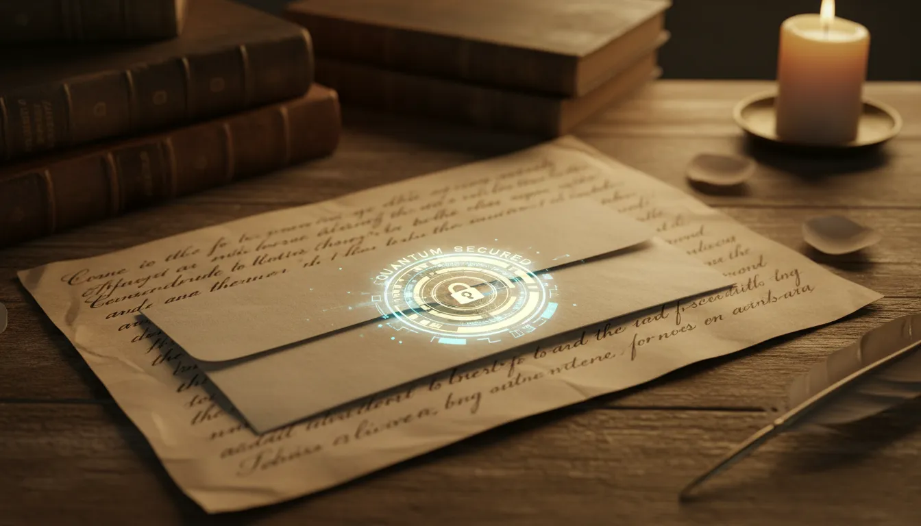 A vintage paper love letter with a glowing digital quantum lock, illuminated by a warm golden light.
